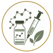 Peptides bottle, syringe, molecule chain, and leaf inside a gold circle logo