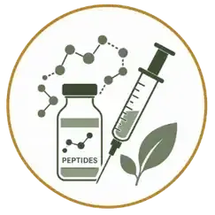 Peptides bottle, syringe, molecule chain, and leaf inside a gold circle logo