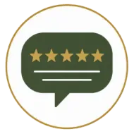 Gold-bordered review icon: green speech bubble with five stars and two white lines inside