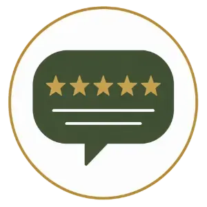 Gold-bordered review icon: green speech bubble with five stars and two white lines inside