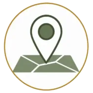 Gold-outlined map pin icon on stylized green map inside a circle