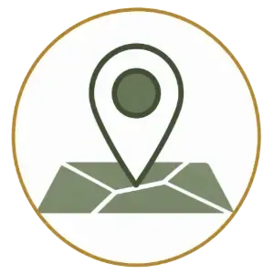 Gold-outlined map pin icon on stylized green map inside a circle