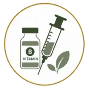 Vitamin B bottle and syringe with green leaf inside a gold circle icon