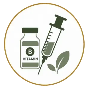Vitamin B bottle and syringe with green leaf inside a gold circle icon