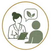 Counselor talking with seated client, with speech bubble showing green leaves inside gold circle.