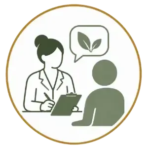 Counselor talking with seated client, with speech bubble showing green leaves inside gold circle.