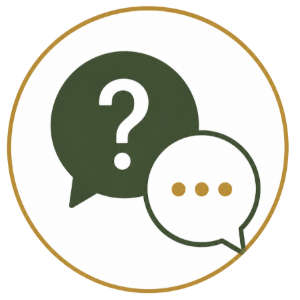 Two overlapping speech bubbles with a question mark and ellipsis inside a gold circle