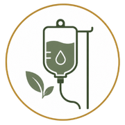 IV bag with droplet and leaf icon in green inside a gold circle