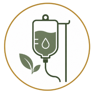 IV bag with droplet and leaf icon in green inside a gold circle