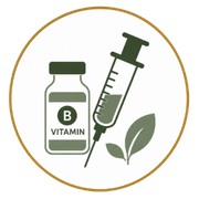 Vitamin B bottle and syringe with green leaf inside a gold circle icon