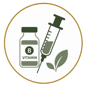 Vitamin B bottle and syringe with green leaf inside a gold circle icon