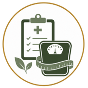 Health icon with clipboard checklist, green scale, and leaf inside a gold circle
