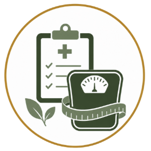 Health icon with clipboard checklist, green scale, and leaf inside a gold circle
