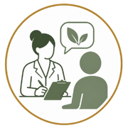 Counselor talking with seated client, with speech bubble showing green leaves inside gold circle.