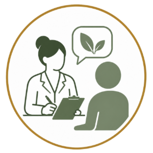 Counselor talking with seated client, with speech bubble showing green leaves inside gold circle.