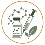Peptides bottle, syringe, molecule chain, and leaf inside a gold circle logo