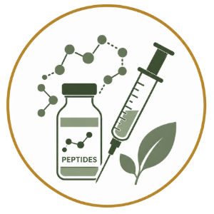 Peptides bottle, syringe, molecule chain, and leaf inside a gold circle logo