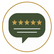 Gold-bordered review icon: green speech bubble with five stars and two white lines inside