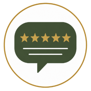 Gold-bordered review icon: green speech bubble with five stars and two white lines inside