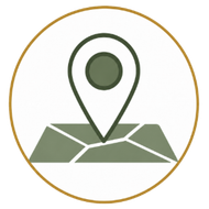 Gold-outlined map pin icon on stylized green map inside a circle