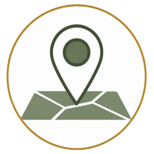 Gold-outlined map pin icon on stylized green map inside a circle