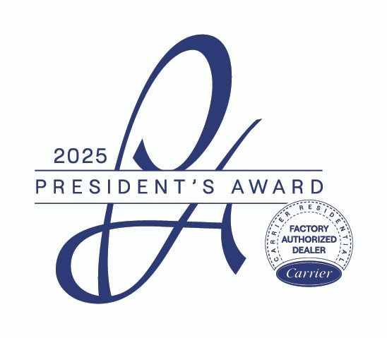 2025 President’s Award logo with blue script and Carrier Factory Authorized Dealer seal