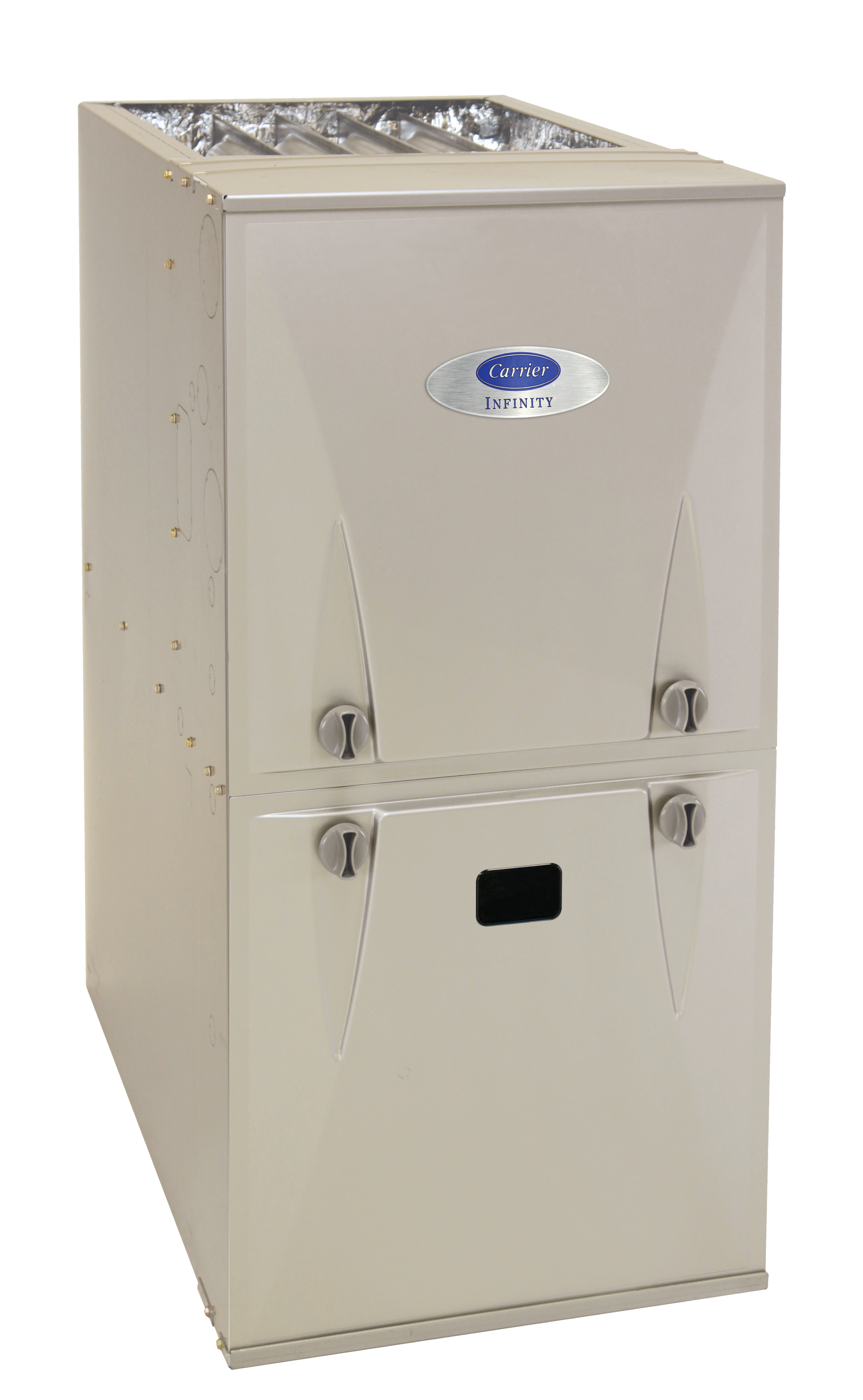 Tall beige HVAC furnace or air handler cabinet with metal top and front access panels