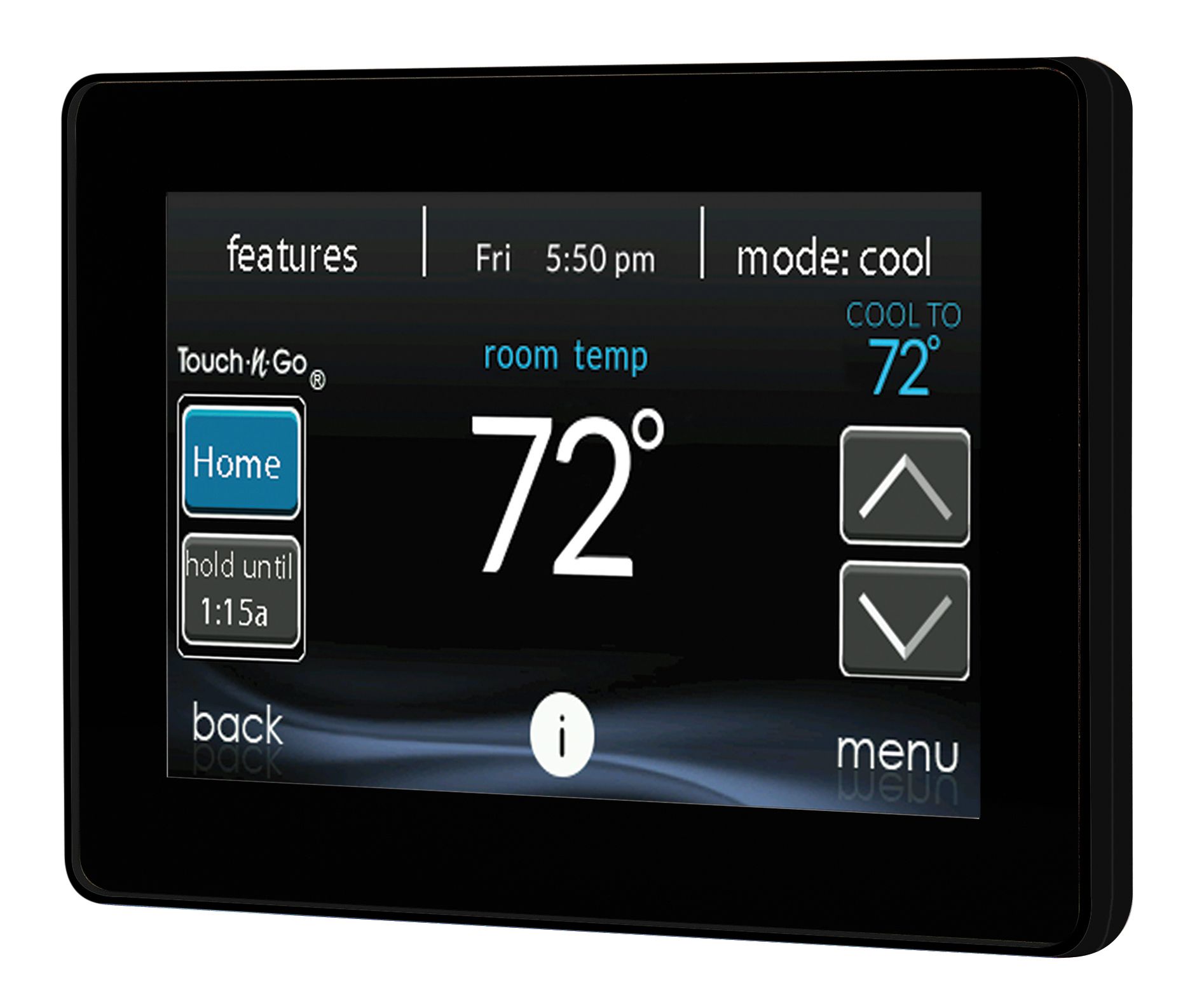 Digital thermostat touchscreen showing 72°F room temperature with cooling mode on black display