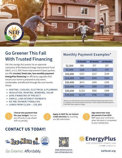 Landscape brochure for fall home financing with family and house, green-themed text, payment examples, and logos