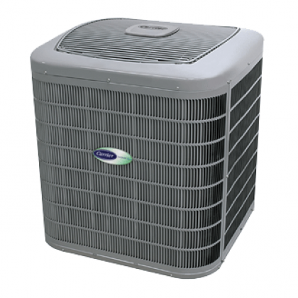 Gray Carrier outdoor air conditioner unit with vented sides on a white background