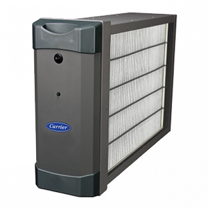 Gray Carrier HVAC air filter with pleated white sides, shown on a white background