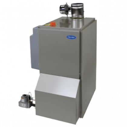 Gray industrial boiler with a top vent pipe and small attached control unit