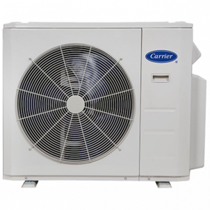 White Carrier outdoor air conditioner unit with large front fan on a plain background