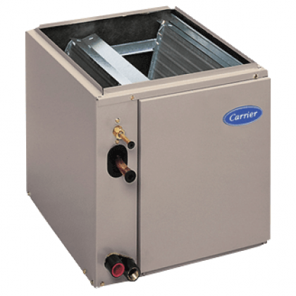 Gray Carrier HVAC unit with exposed interior coils and front-mounted fittings