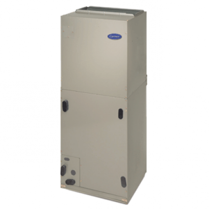 Beige Carrier furnace cabinet with front access panels and control knobs