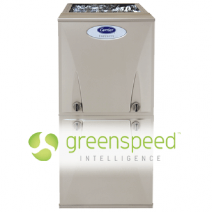 Beige Carrier rooftop HVAC unit with Greenspeed Intelligence logo