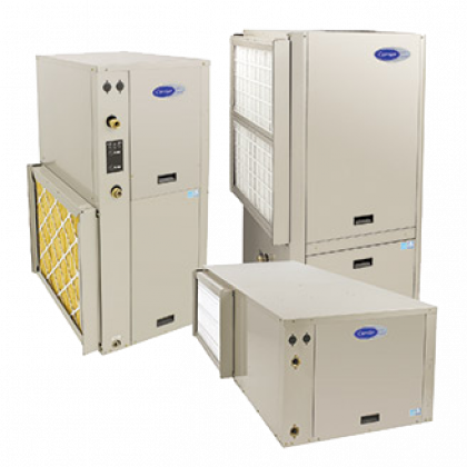 Three beige industrial HVAC units on a white background