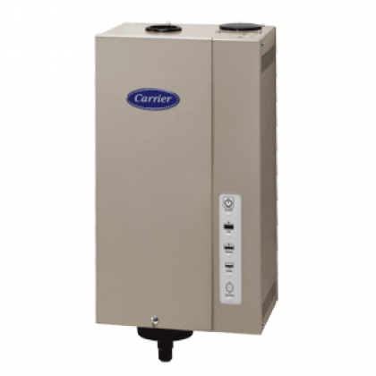Beige Carrier HVAC unit with front control panel and top vents