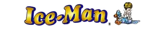 Ice-Man logo in blue and gold with a cartoon man sitting on the right