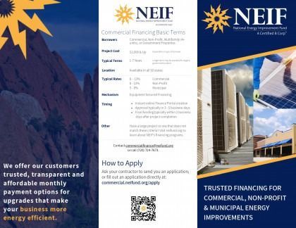 NEIF brochure for energy-efficient financing, with blue mountain imagery and building photos.
