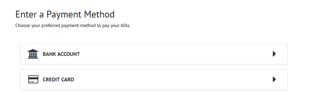 Payment method screen with options for bank account and debit card.
