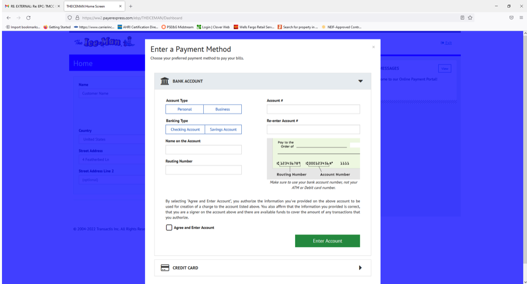 Blue website page with a centered white form dialog and a green submit button
