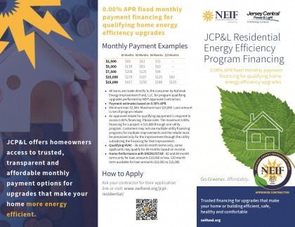 Flyer for JCPL and NEIF offering residential energy efficiency financing with monthly payment examples and a QR code