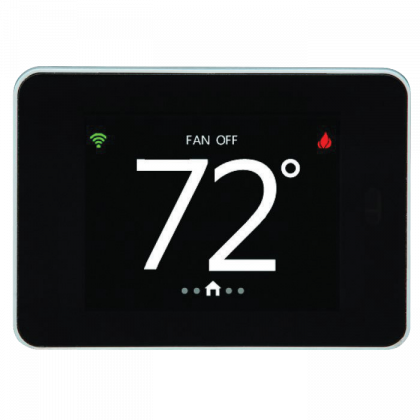 Black thermostat display showing 72° with Wi‑Fi, fan off, and heat icons