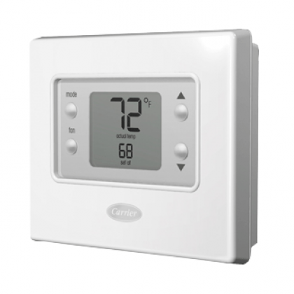 White wall thermostat displaying 72°F with gray digital screen and buttons