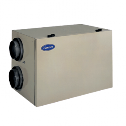 Beige Carrier HVAC ventilation unit with two round black duct ports on the front