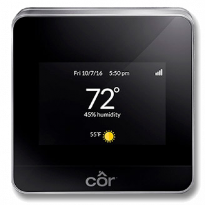 Square black Côr smart thermostat showing 72°, 45% humidity, and sunny weather