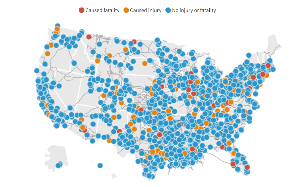 A map of the united states with blue and orange dots showing locations of natural gas explosions