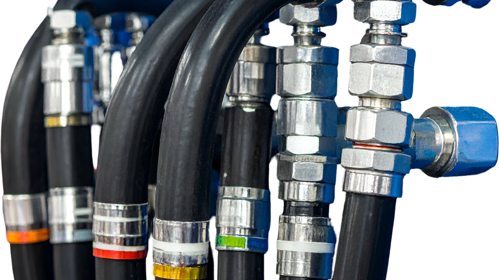 Close-up of black hydraulic hoses with silver metal fittings and colored bands.
