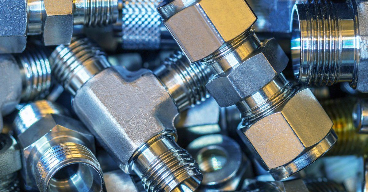 Close-up of shiny metal pipe fittings and nuts stacked together in a tight cluster.